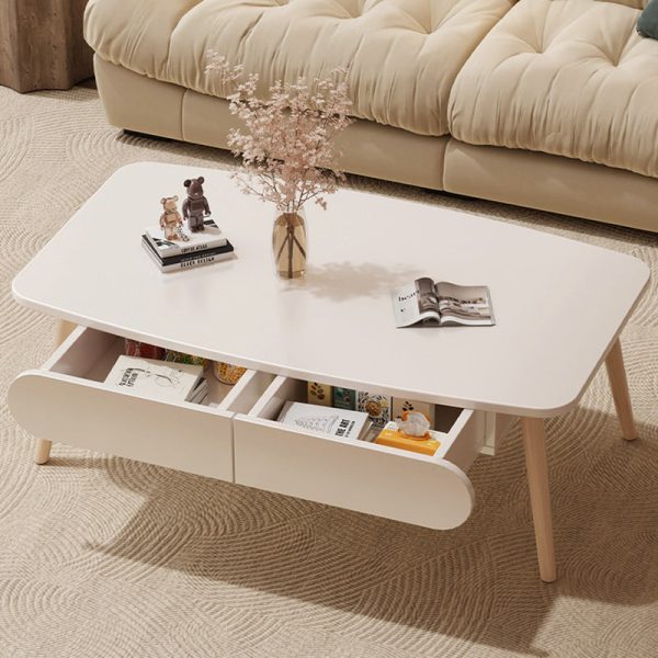 Modern Minimalist Rectangular MDF & Beech Wood Coffee Table 2-Drawer For Living Room - Image 11