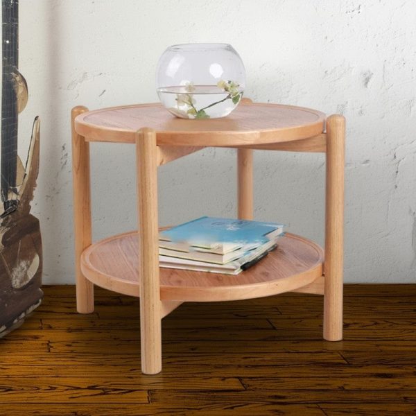 Traditional Japanese Round MDF & Ash Wood Coffee Table 2-Tier For Living Room