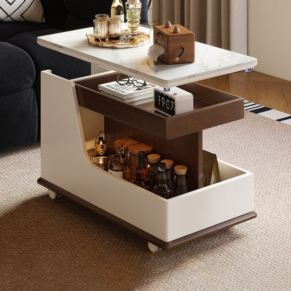 Contemporary Luxury Rectangular Rock Slabs Stainless Steel & MDF Liftable End Table 3-Tier For Living Room
