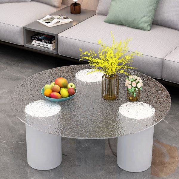 Modern Minimalist Round Column Rock Panel Glass Steel Frame End Table 1-Tier For Living Room - Image 2