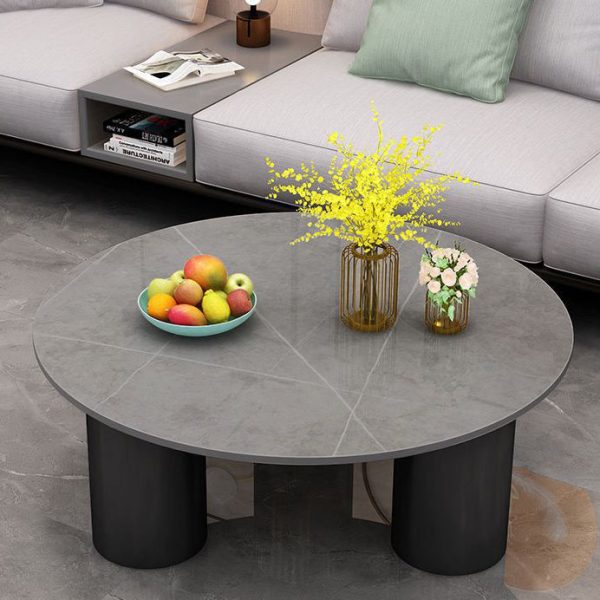 Modern Minimalist Round Column Rock Panel Glass Steel Frame End Table 1-Tier For Living Room - Image 8