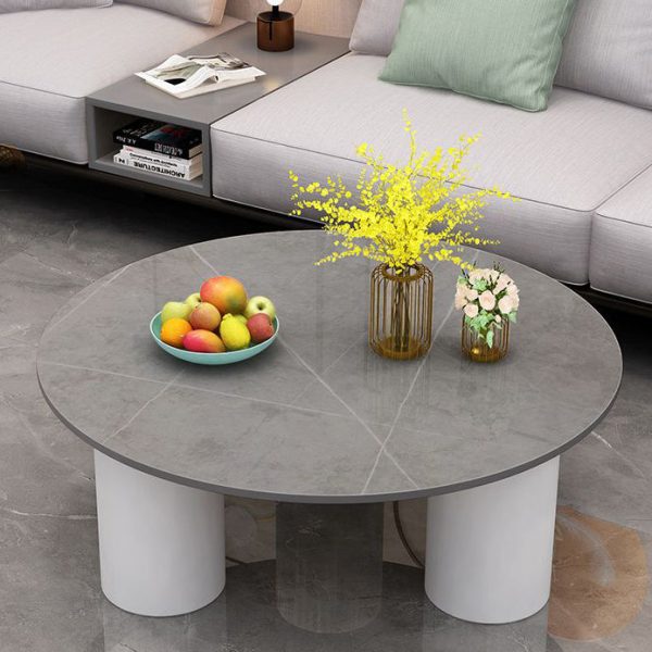Modern Minimalist Round Column Rock Panel Glass Steel Frame End Table 1-Tier For Living Room - Image 3