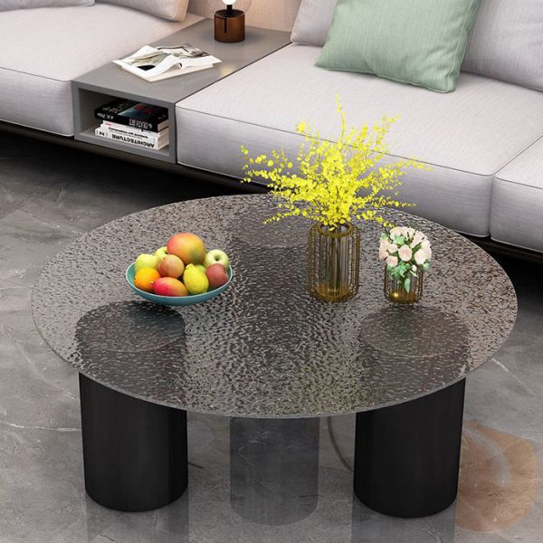 Modern Minimalist Round Column Rock Panel Glass Steel Frame End Table 1-Tier For Living Room - Image 10