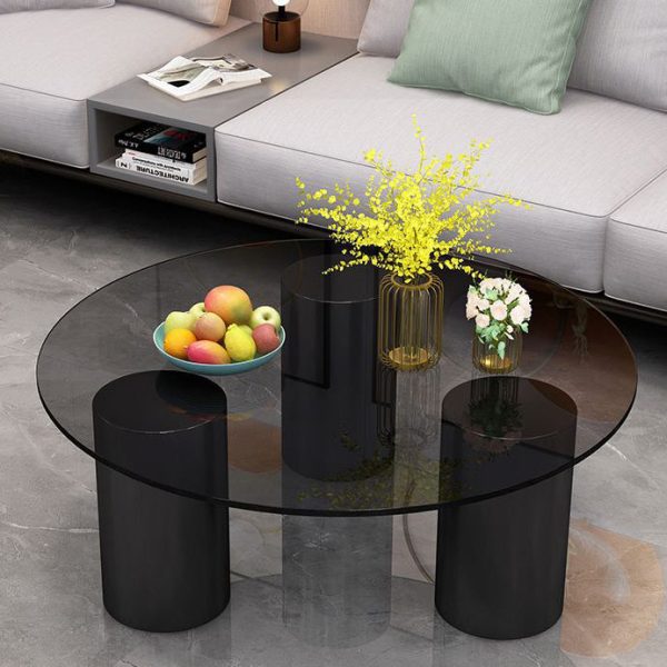 Modern Minimalist Round Column Rock Panel Glass Steel Frame End Table 1-Tier For Living Room - Image 7