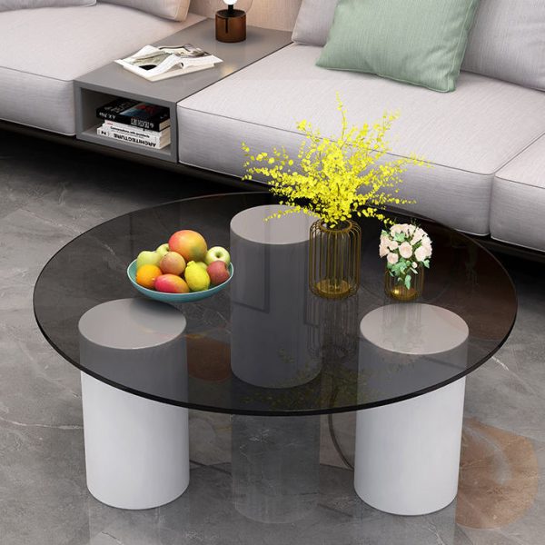Modern Minimalist Round Column Rock Panel Glass Steel Frame End Table 1-Tier For Living Room - Image 9