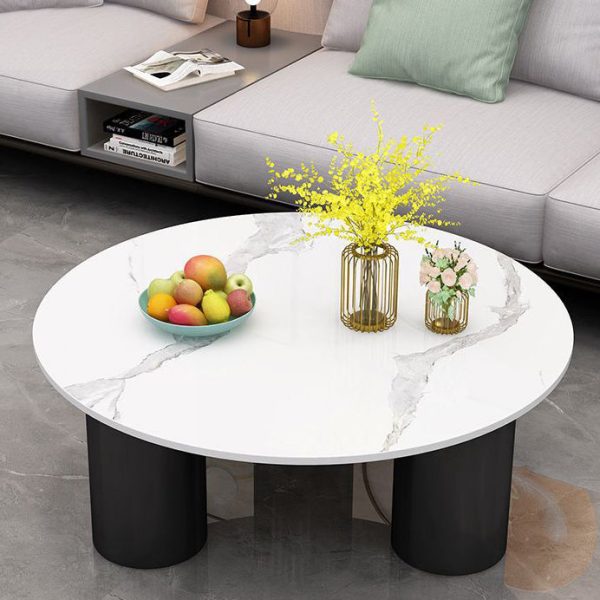 Modern Minimalist Round Column Rock Panel Glass Steel Frame End Table 1-Tier For Living Room - Image 13