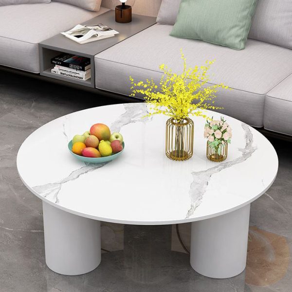 Modern Minimalist Round Column Rock Panel Glass Steel Frame End Table 1-Tier For Living Room - Image 11