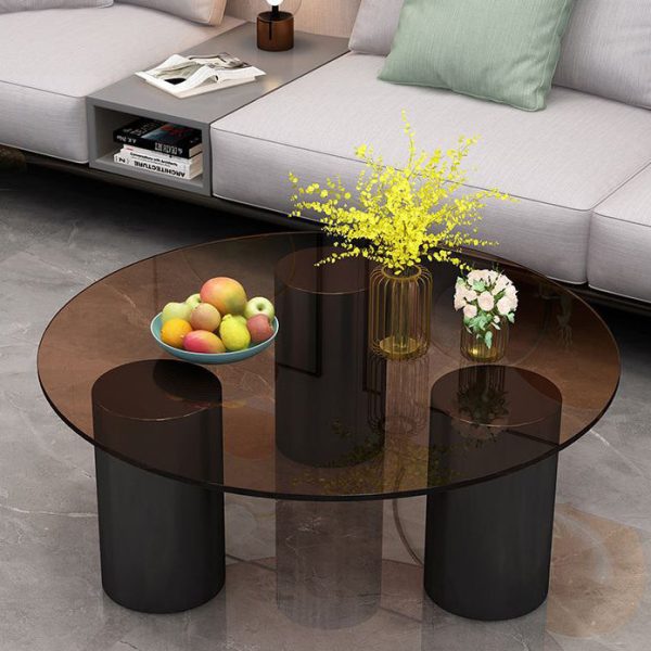 Modern Minimalist Round Column Rock Panel Glass Steel Frame End Table 1-Tier For Living Room - Image 12