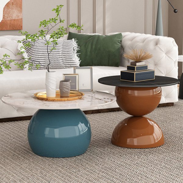 Contemporary Creative Cream Orb Round Half Round Rock Slab Metal End Table 1-Tier For Living Room - Image 6