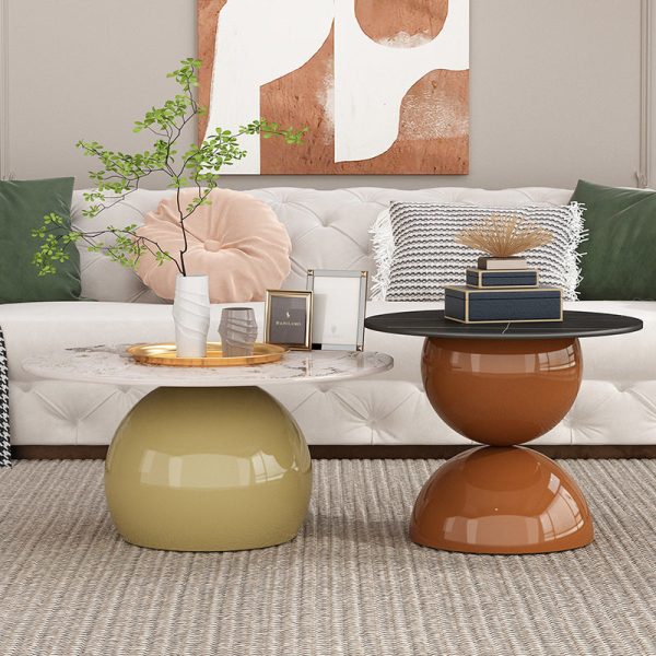 Contemporary Creative Cream Orb Round Half Round Rock Slab Metal End Table 1-Tier For Living Room - Image 8
