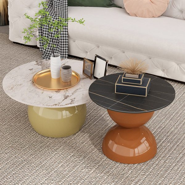 Contemporary Creative Cream Orb Round Half Round Rock Slab Metal End Table 1-Tier For Living Room - Image 2