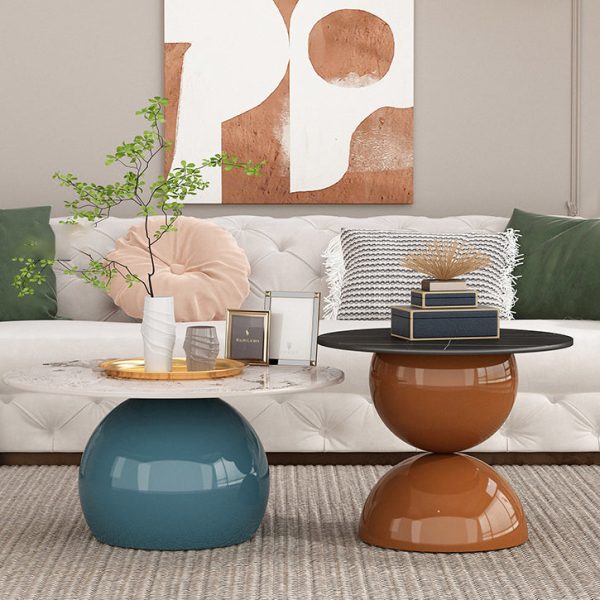 Contemporary Creative Cream Orb Round Half Round Rock Slab Metal End Table 1-Tier For Living Room - Image 7