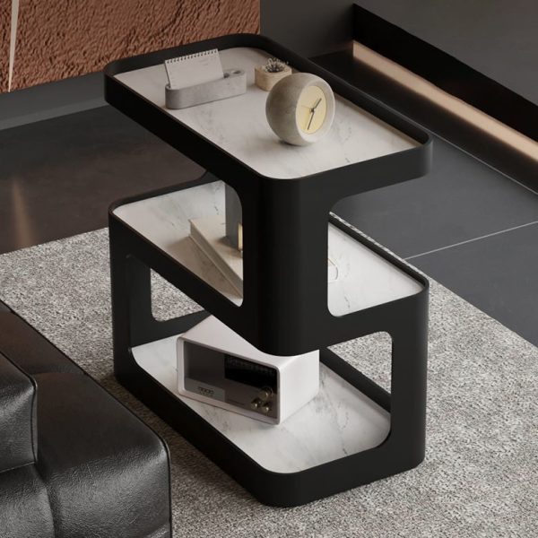 Contemporary Scandinavian Removable Rounded Corner Rectangle Rock Slab Iron End Table 3-Tier For Living Room - Image 2