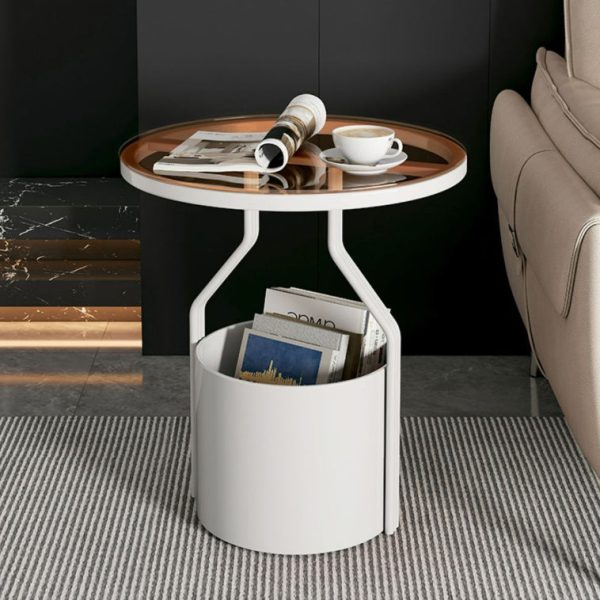 Modern Luxury Round Column Rock Panel Tempered Glass Metal End Table 1-Tier For Living Room - Image 8