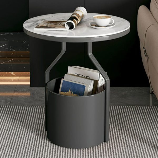 Modern Luxury Round Column Rock Panel Tempered Glass Metal End Table 1-Tier For Living Room - Image 2