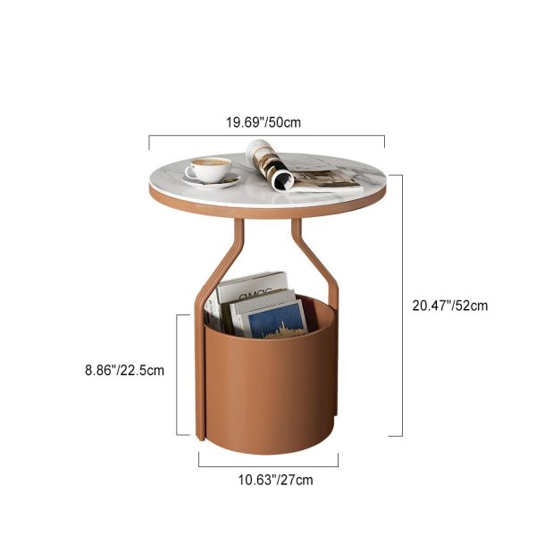 Modern Luxury Round Column Rock Panel Tempered Glass Metal End Table 1-Tier For Living Room - Image 4
