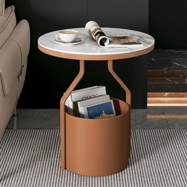 Modern Luxury Round Column Rock Panel Tempered Glass Metal End Table 1-Tier For Living Room - Image 3