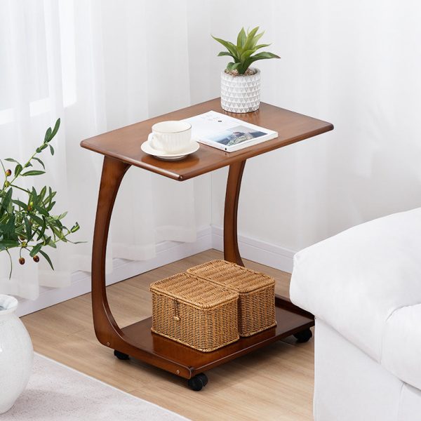 Modern Minimalist Rectangle C Shape Removable Bamboo Wood End Table 2-Tier For Living Room