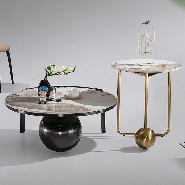 Traditional French Round Orb Marble Stainless Steel End Table 1-Tier For Living Room