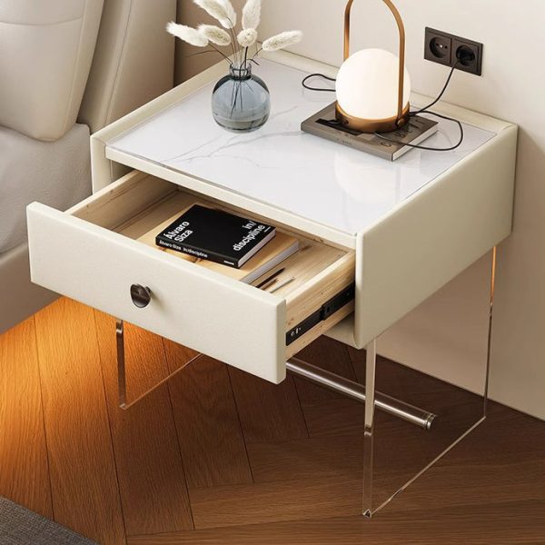 Modern Minimalist Rectangular Reinforced Glass Leather Wood Acrylic Stainless Steel Nightstand 1-Drawer For Bedside - Image 8