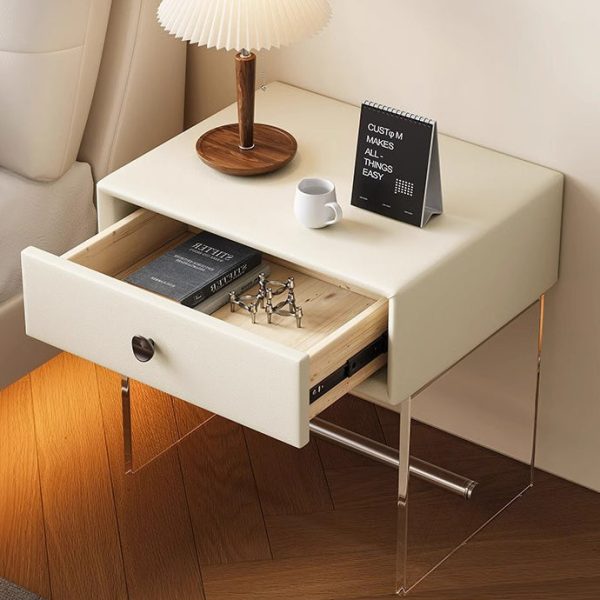 Modern Minimalist Rectangular Reinforced Glass Leather Wood Acrylic Stainless Steel Nightstand 1-Drawer For Bedside - Image 7