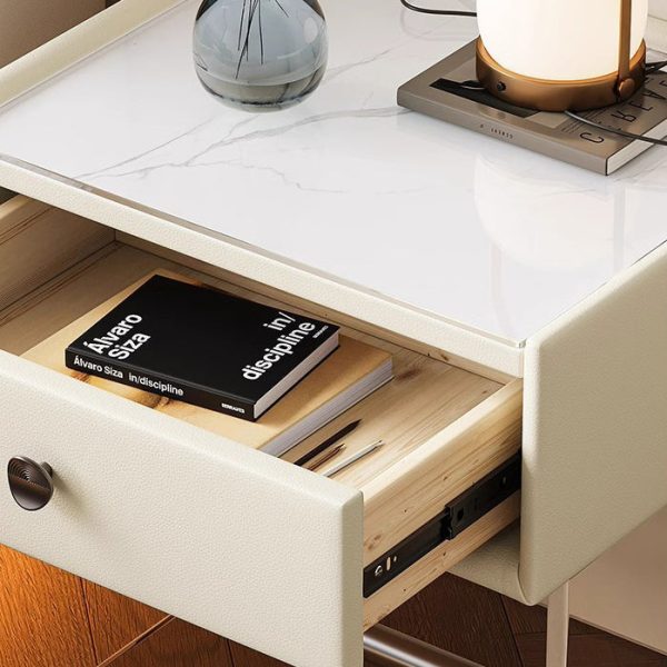 Modern Minimalist Rectangular Reinforced Glass Leather Wood Acrylic Stainless Steel Nightstand 1-Drawer For Bedside - Image 6