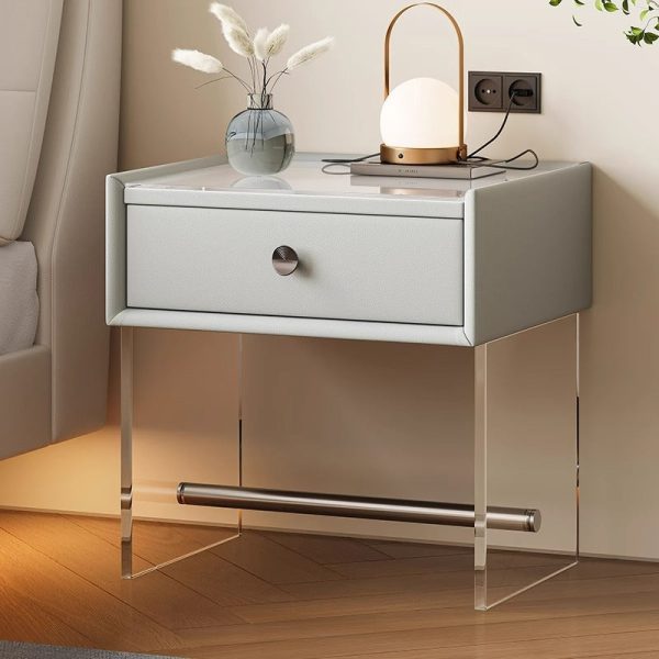 Modern Minimalist Rectangular Reinforced Glass Leather Wood Acrylic Stainless Steel Nightstand 1-Drawer For Bedside - Image 9
