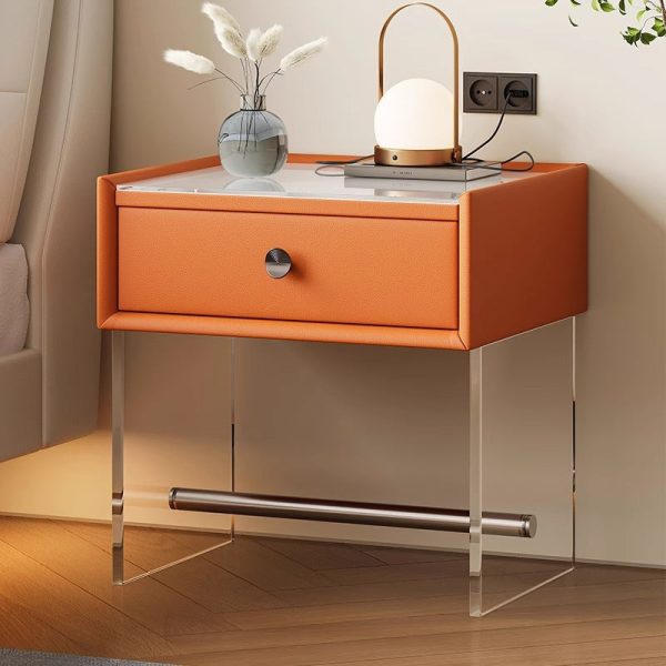 Modern Minimalist Rectangular Reinforced Glass Leather Wood Acrylic Stainless Steel Nightstand 1-Drawer For Bedside - Image 10