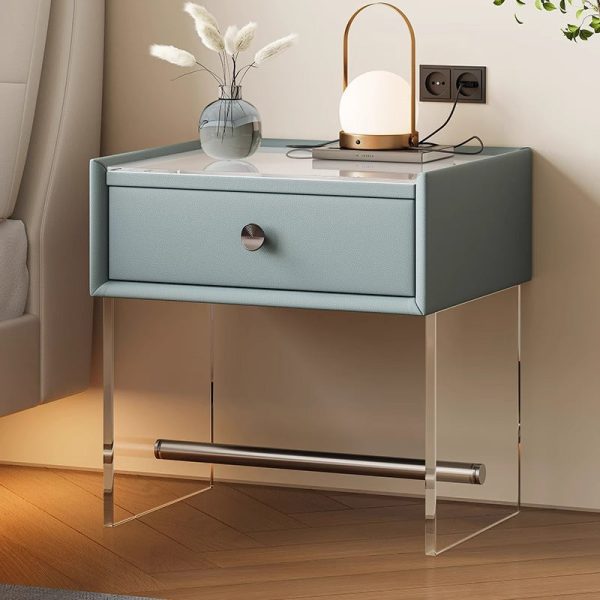Modern Minimalist Rectangular Reinforced Glass Leather Wood Acrylic Stainless Steel Nightstand 1-Drawer For Bedside - Image 3