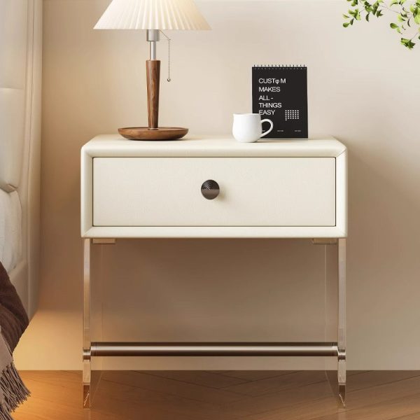 Modern Minimalist Rectangular Reinforced Glass Leather Wood Acrylic Stainless Steel Nightstand 1-Drawer For Bedside - Image 2