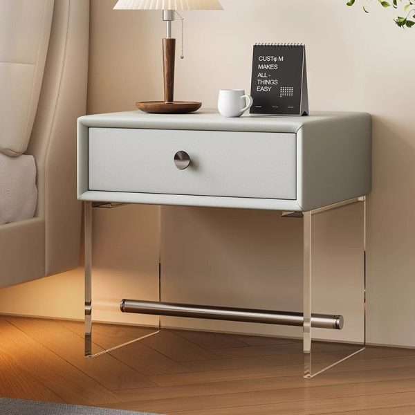 Modern Minimalist Rectangular Reinforced Glass Leather Wood Acrylic Stainless Steel Nightstand 1-Drawer For Bedside - Image 11