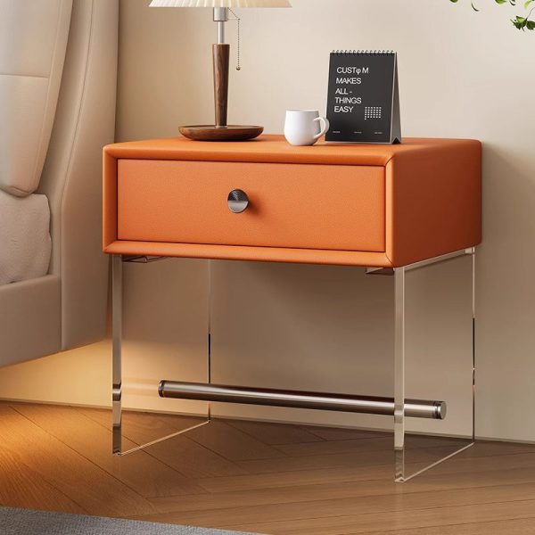 Modern Minimalist Rectangular Reinforced Glass Leather Wood Acrylic Stainless Steel Nightstand 1-Drawer For Bedside - Image 4