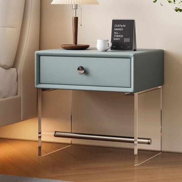 Modern Minimalist Rectangular Reinforced Glass Leather Wood Acrylic Stainless Steel Nightstand 1-Drawer For Bedside - Image 12
