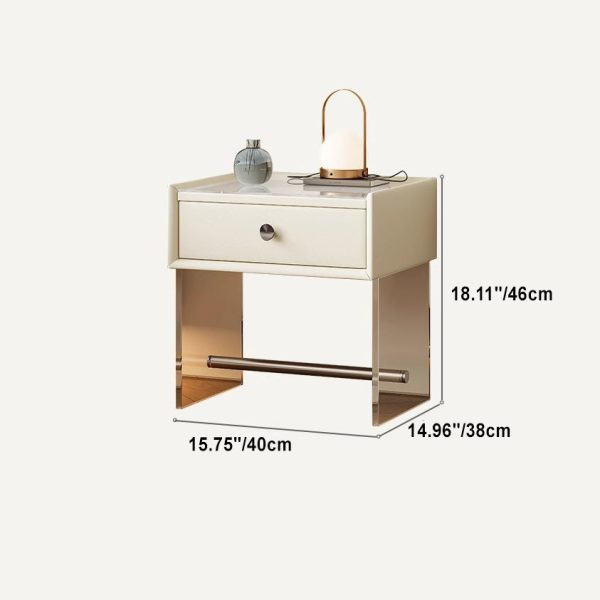 Modern Minimalist Rectangular Reinforced Glass Leather Wood Acrylic Stainless Steel Nightstand 1-Drawer For Bedside - Image 5