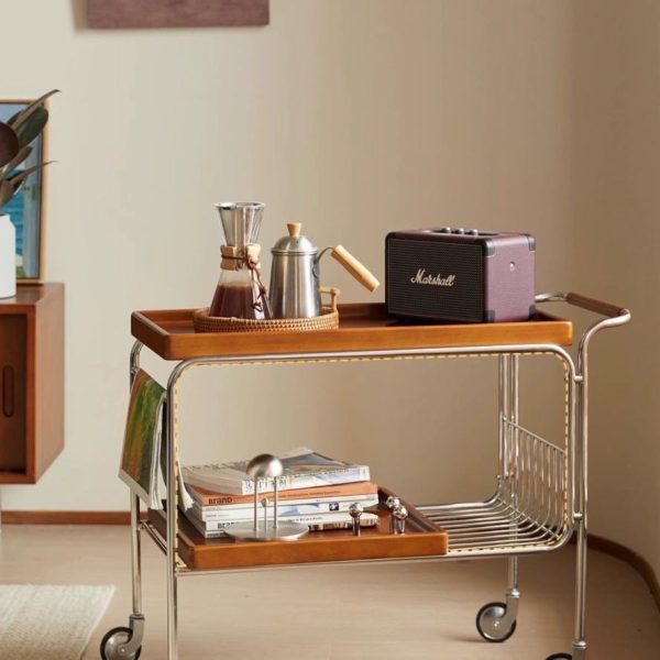 Modern Mid-Century Rectangular Trolley Metal Wood Plate Side Table 2-Tier Movable For Living Room - Image 3
