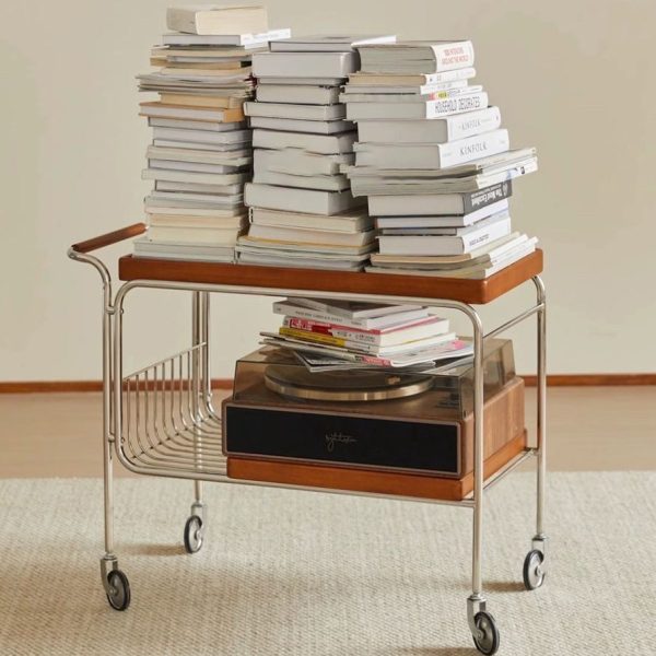 Modern Mid-Century Rectangular Trolley Metal Wood Plate Side Table 2-Tier Movable For Living Room - Image 2