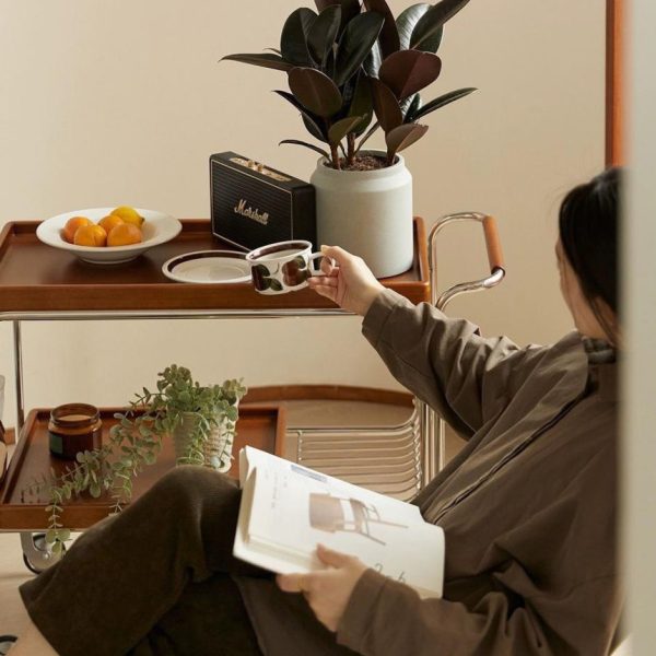 Modern Mid-Century Rectangular Trolley Metal Wood Plate Side Table 2-Tier Movable For Living Room - Image 15