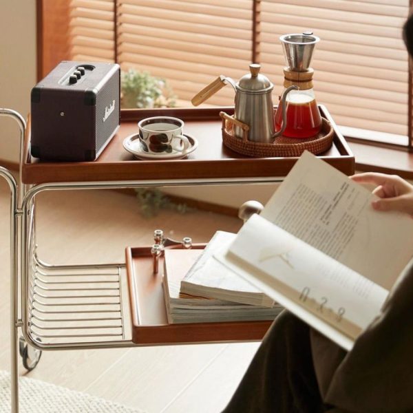 Modern Mid-Century Rectangular Trolley Metal Wood Plate Side Table 2-Tier Movable For Living Room - Image 16
