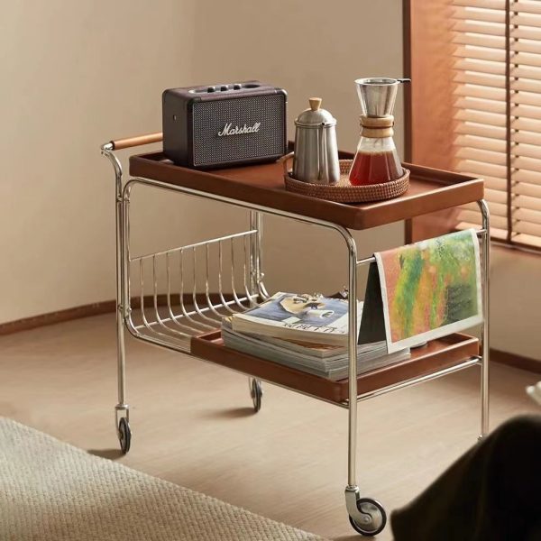 Modern Mid-Century Rectangular Trolley Metal Wood Plate Side Table 2-Tier Movable For Living Room - Image 10