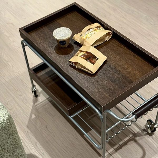 Modern Mid-Century Rectangular Trolley Metal Wood Plate Side Table 2-Tier Movable For Living Room - Image 6