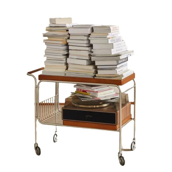 Modern Mid-Century Rectangular Trolley Metal Wood Plate Side Table 2-Tier Movable For Living Room - Image 17