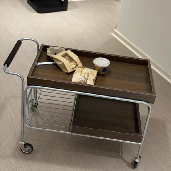 Modern Mid-Century Rectangular Trolley Metal Wood Plate Side Table 2-Tier Movable For Living Room - Image 11