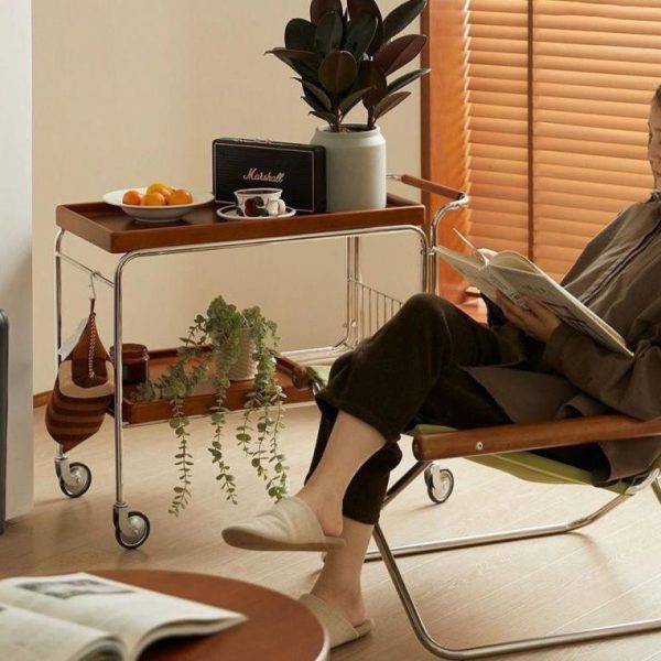 Modern Mid-Century Rectangular Trolley Metal Wood Plate Side Table 2-Tier Movable For Living Room - Image 9