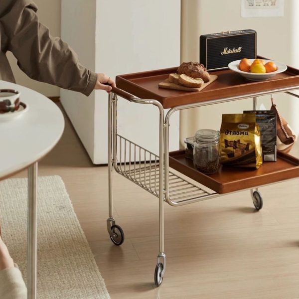 Modern Mid-Century Rectangular Trolley Metal Wood Plate Side Table 2-Tier Movable For Living Room - Image 13