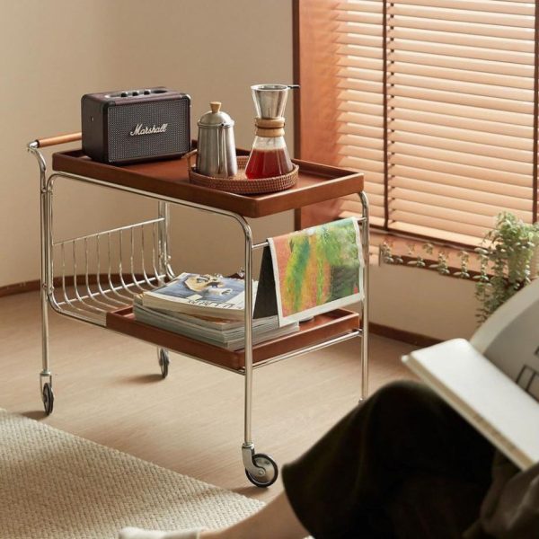 Modern Mid-Century Rectangular Trolley Metal Wood Plate Side Table 2-Tier Movable For Living Room - Image 12