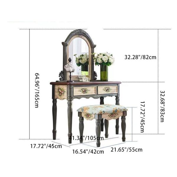 Traditional European Elliptical Mirror Rectangular Painting Wood Plate Makeup Vanity & Stool Set For Bedroom - Image 4