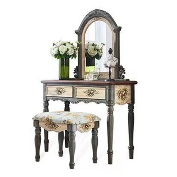 Traditional European Elliptical Mirror Rectangular Painting Wood Plate Makeup Vanity & Stool Set For Bedroom - Image 11