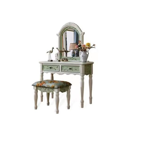 Traditional European Elliptical Mirror Rectangular Painting Wood Plate Makeup Vanity & Stool Set For Bedroom - Image 12