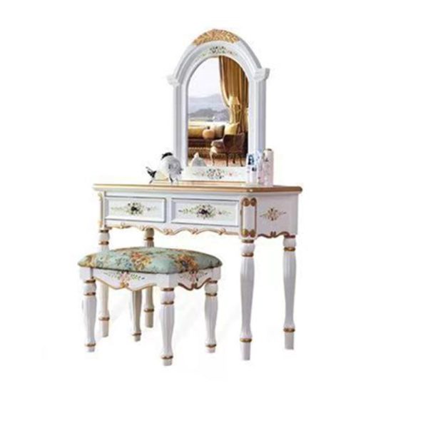 Traditional European Elliptical Mirror Rectangular Painting Wood Plate Makeup Vanity & Stool Set For Bedroom - Image 13