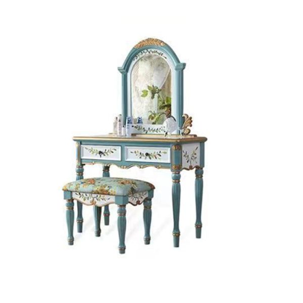 Traditional European Elliptical Mirror Rectangular Painting Wood Plate Makeup Vanity & Stool Set For Bedroom - Image 14